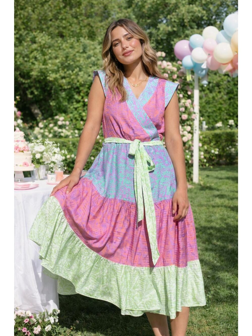 Tanya Taylor Jazzie Wrap Midi Dress Pink Pastel Multicolor Wedding Guest 6